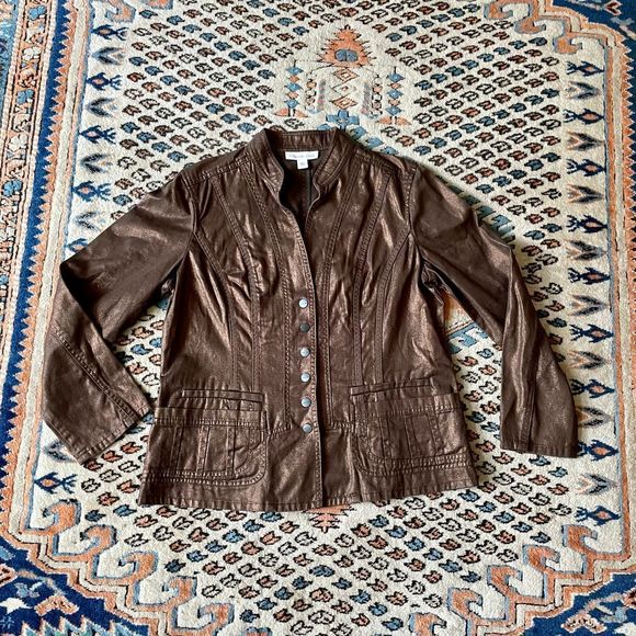 Coldwater Creek Bronze Button Collarless Military Jacket Blazer - Picture 4 of 5